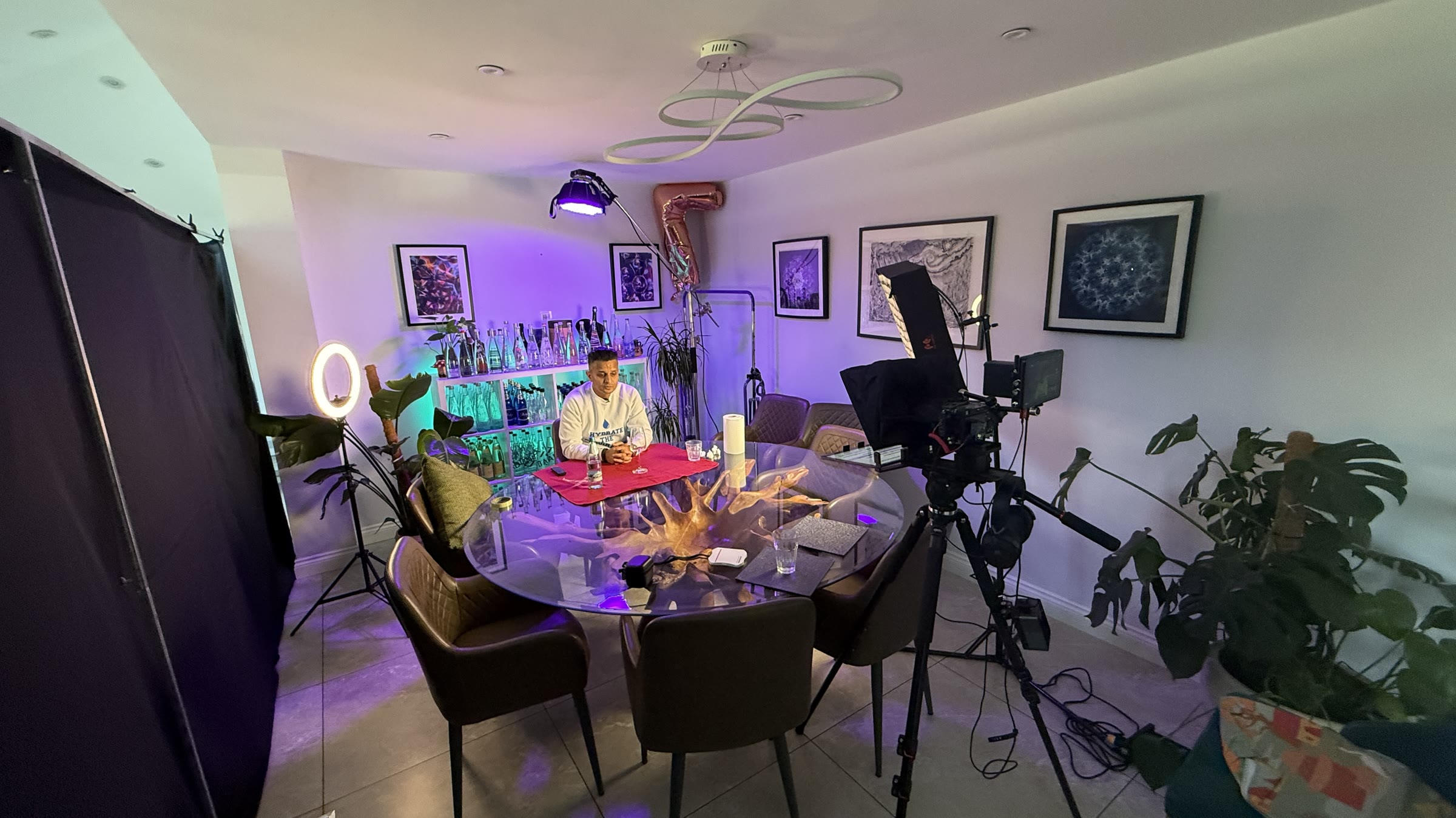 Tasting table set dressed and lit for filming