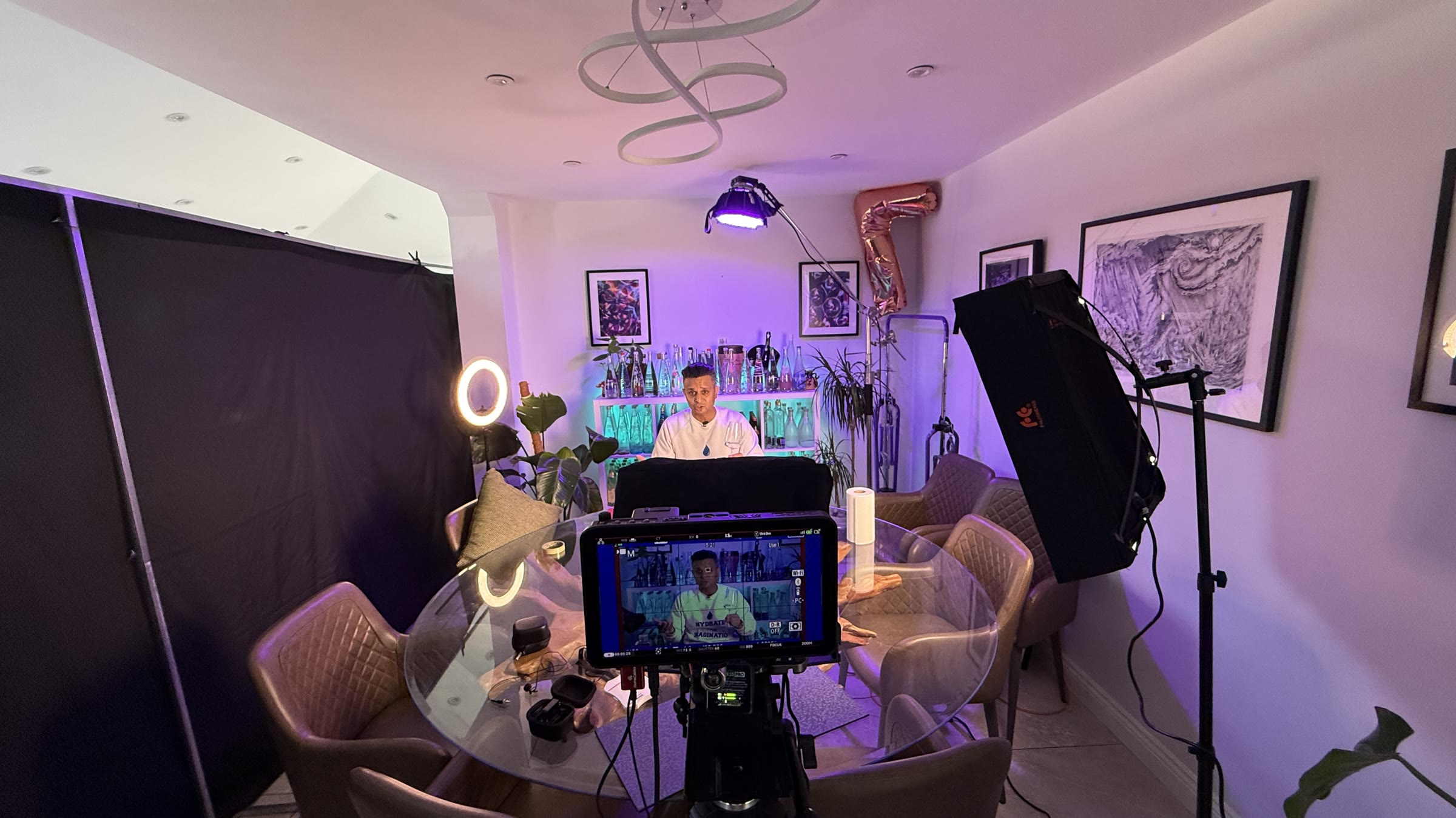 Lit interview set during a water sommelier content shoot