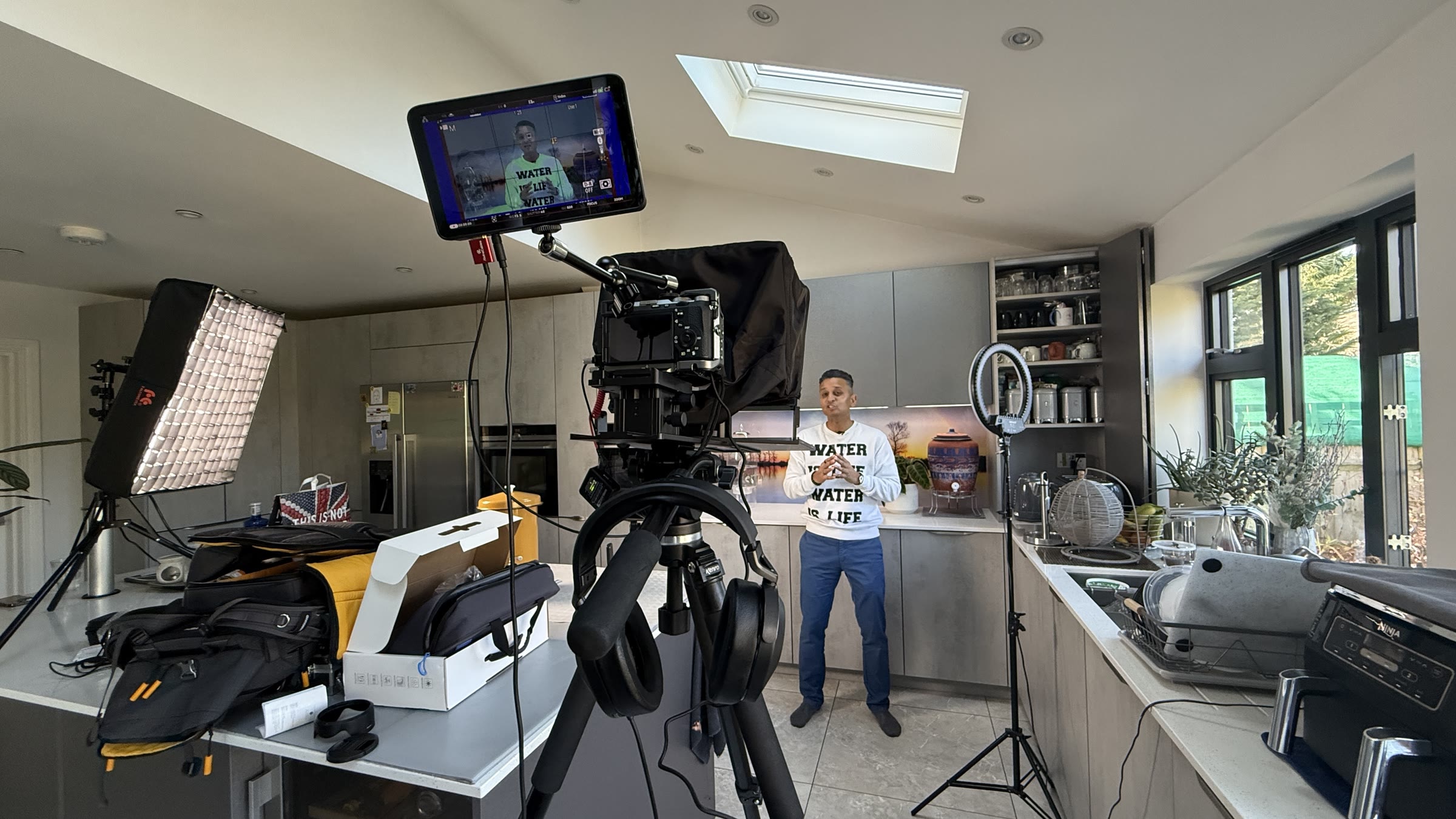 Camera monitor showing the framed shot during a take