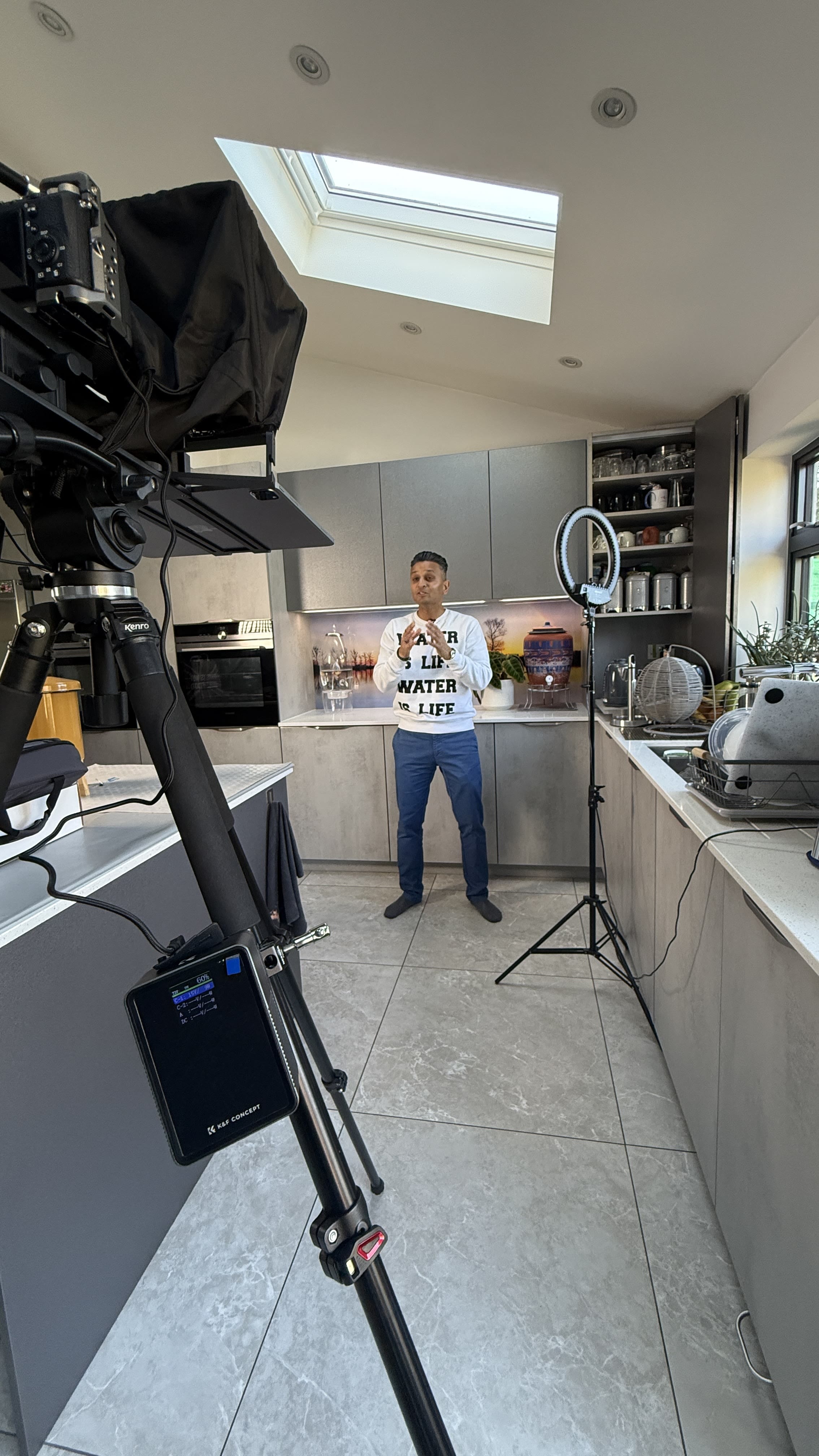 Vertical camera setup filming the water sommelier in a kitchen location