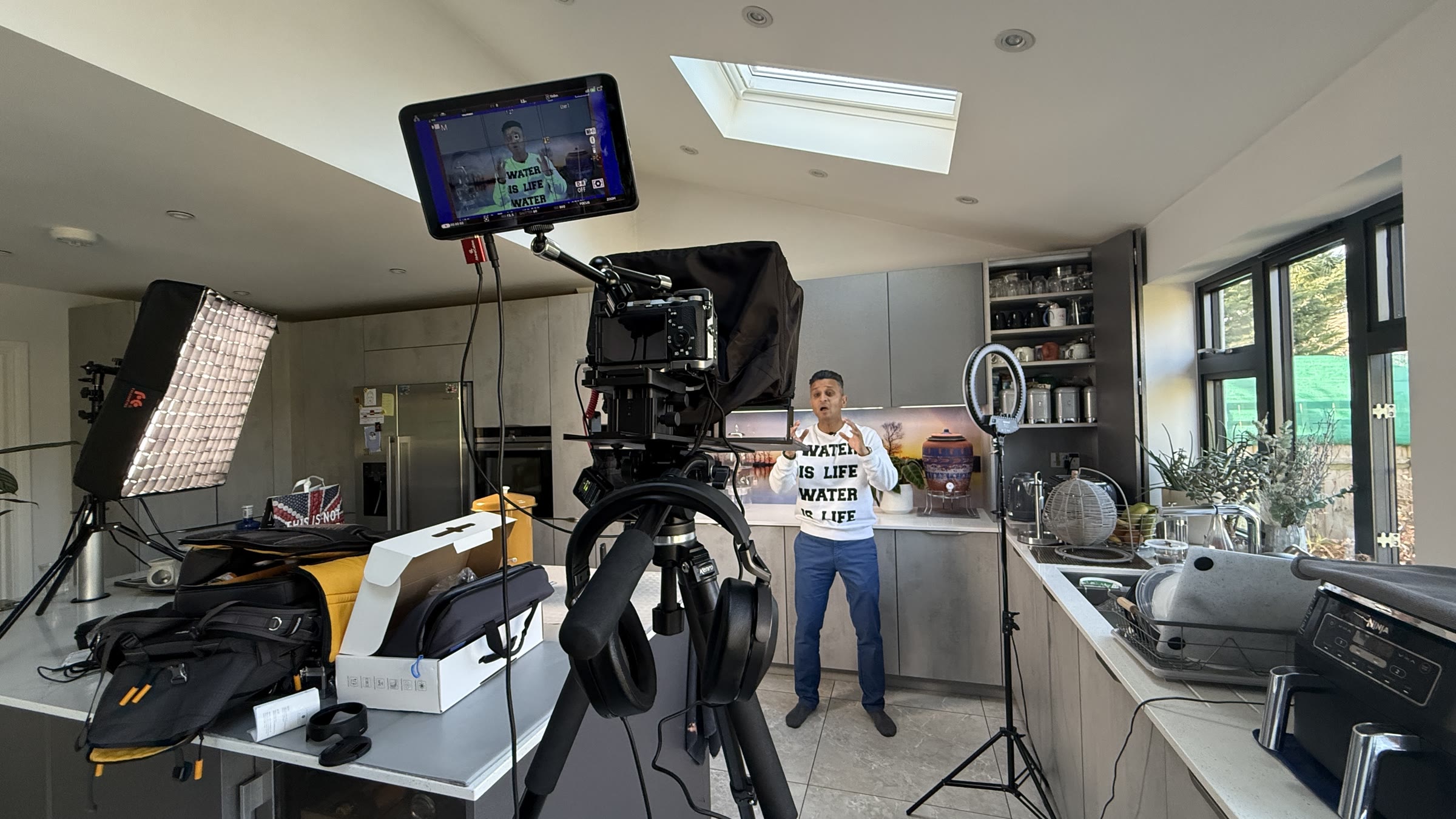 Filming a piece to camera in the kitchen location