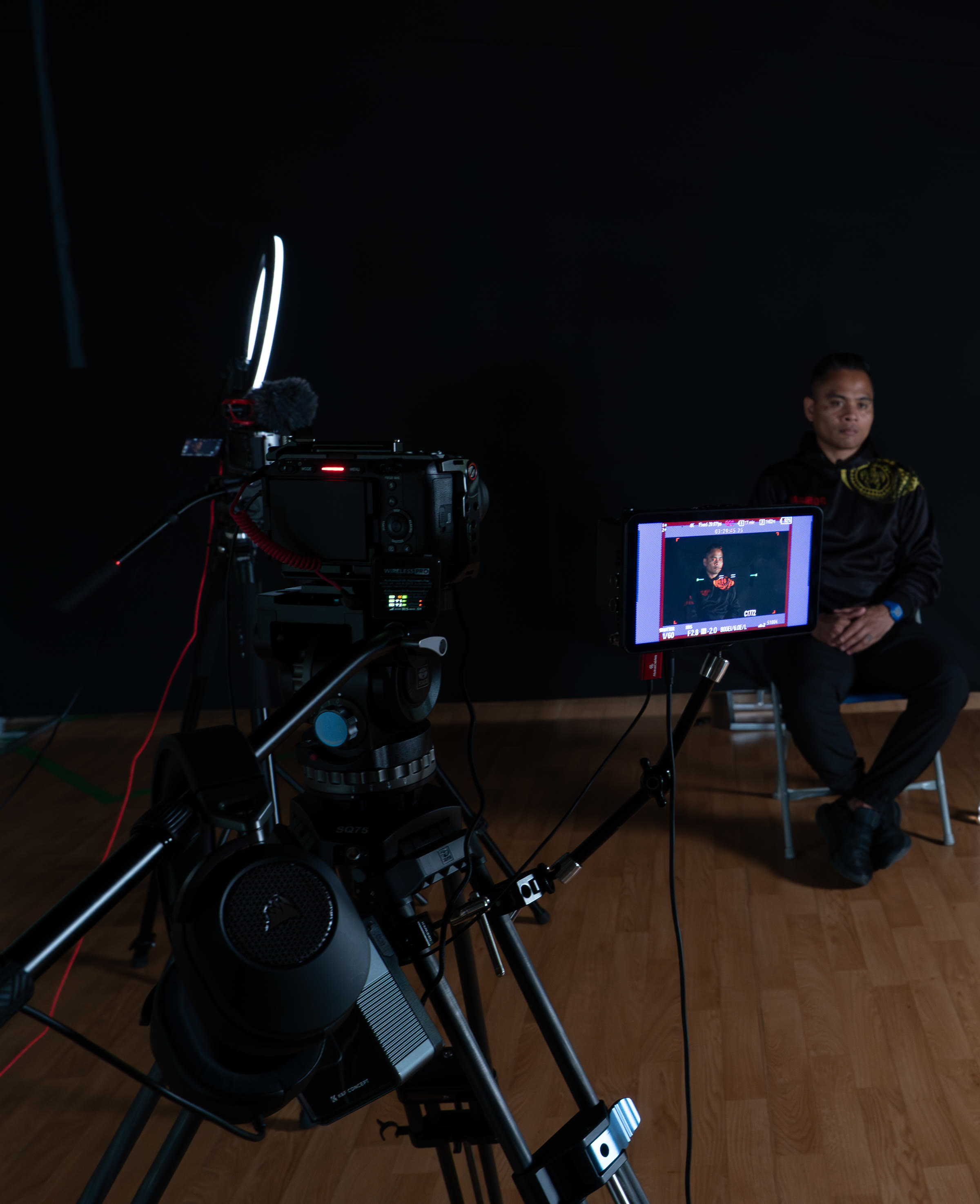Camera, monitor and lighting set up for the coach's interview