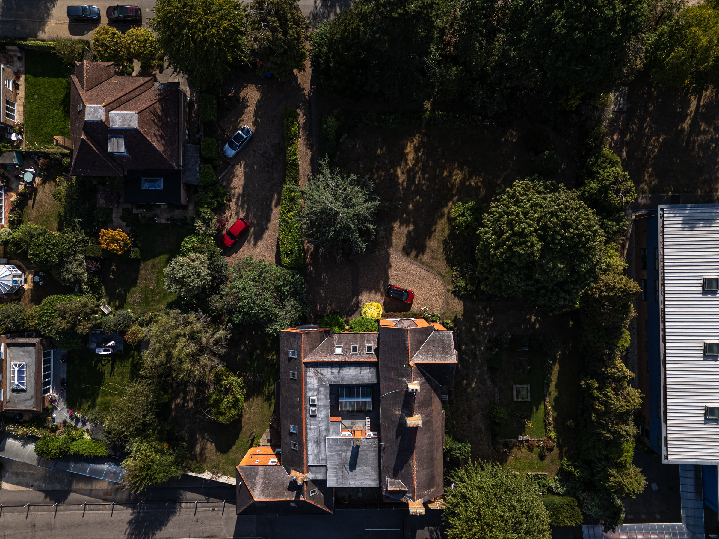 Top-down aerial of the retreat centre and surrounding grounds