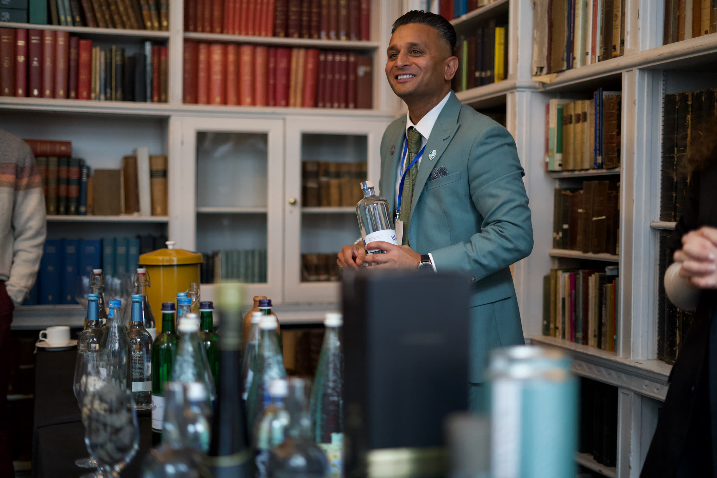 Water sommelier hosting the tasting in the library